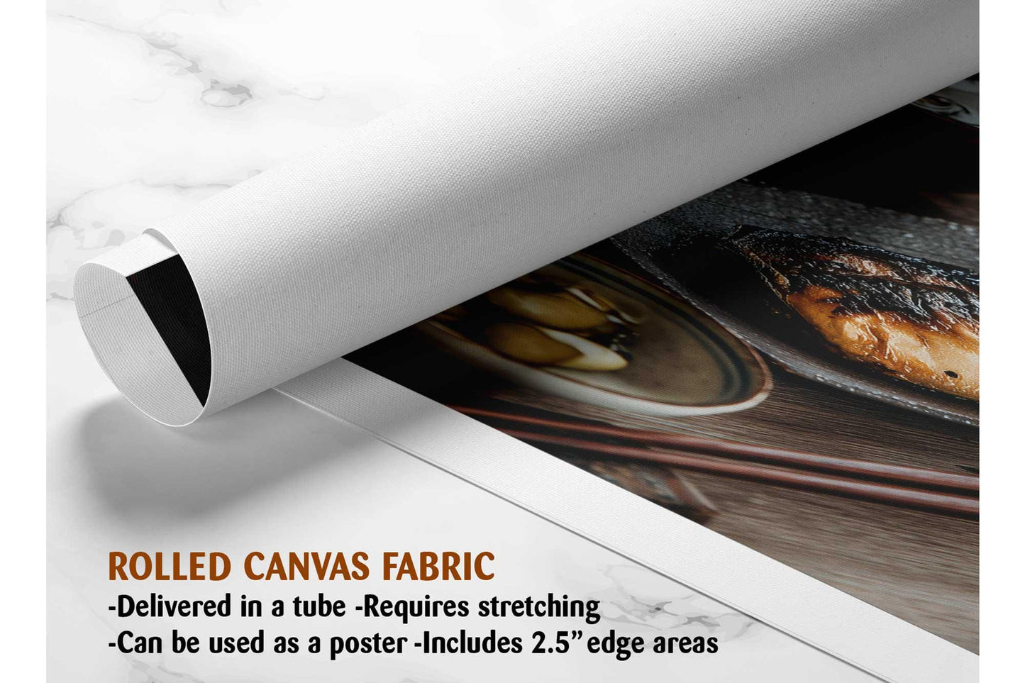 The image is a rolled canvas fabric, which is a type of canvas material used for creating posters or wall art. It is described as a tube-delivered fabric, which means it is delivered in a tube and requires stretching before use. The fabric can be used as a poster and includes a 2.5" edge area.