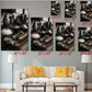 The image is a living room with a white sofa and a coffee table. Above the sofa, there are six framed photographs of various dishes, including bowls, plates, and cups, arranged in a grid-like pattern. The photographs are of different sizes, ranging from 8" x 12" to 24" x 36". The arrangement of the photographs and the overall composition of the living room create a visually appealing and harmonious space.