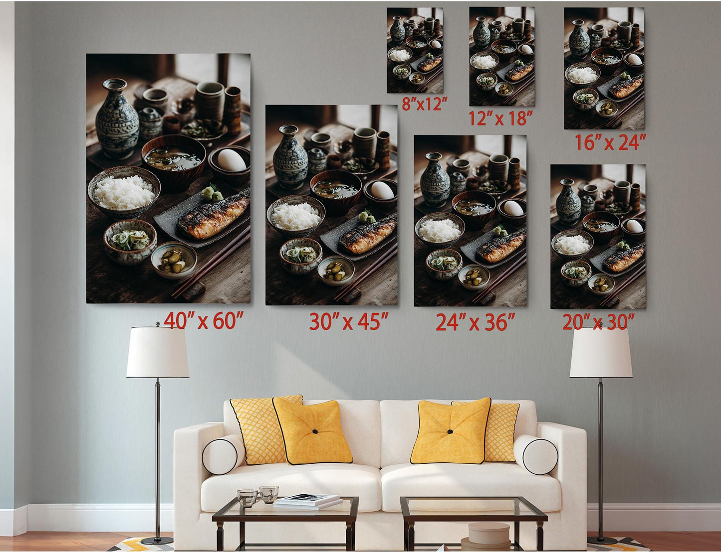 The image is a living room with a white sofa and a coffee table. Above the sofa, there are six framed photographs of various dishes, including bowls, plates, and cups, arranged in a grid-like pattern. The photographs are of different sizes, ranging from 8" x 12" to 24" x 36". The arrangement of the photographs and the overall composition of the living room create a visually appealing and harmonious space.