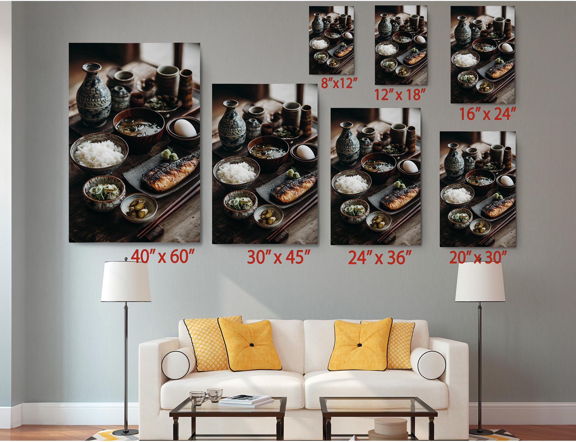 The image is a living room with a white sofa and a coffee table. Above the sofa, there are six framed photographs of various dishes, including bowls, plates, and cups, arranged in a grid-like pattern. The photographs are of different sizes, ranging from 8" x 12" to 24" x 36". The arrangement of the photographs and the overall composition of the living room create a visually appealing and harmonious space.