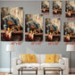 a living room with a white sofa and a coffee table. Above the sofa, there are six framed paintings of various sizes, each depicting a different scene with a vase, fan, and fruit. The paintings are arranged in a grid-like pattern on the wall, with each painting having a corresponding size indicated in the image.