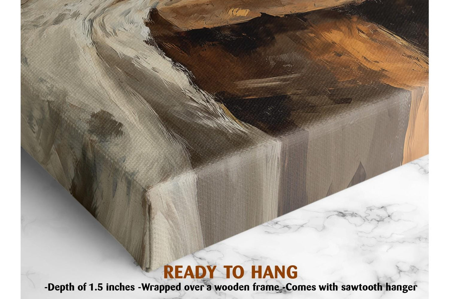 The image is a close-up of a wooden frame with a painting on top of it, and there is text that says "READY TO HANG" and "Depth of 1.5 inches - Wrapped over a wooden frame - Comes with sawtooth hanger".