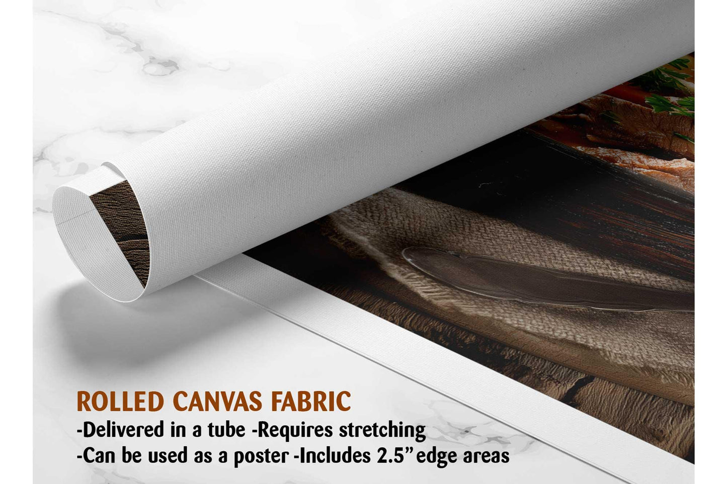 The image is a rolled canvas fabric, which is a type of canvas material used for painting or printing. It is described as a tube-delivered fabric, which means it is delivered in a tube and requires stretching before use. It can be used as a poster with a 2.5" edge area.