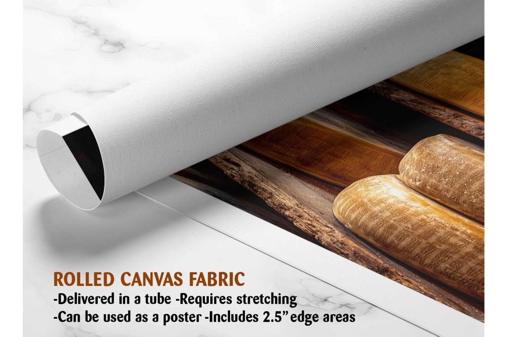 The image is a rolled canvas fabric, which is a type of canvas material used for creating posters or wall art. It is described as a tube-delivered fabric, which means it is delivered in a tube and requires stretching before use. The fabric can be used as a poster and includes a 2.5" edge area.