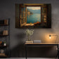 a serene indoor setting with a large painting of a window overlooking a picturesque landscape, a wooden desk with a lamp, a bookshelf, and a vase of flowers.