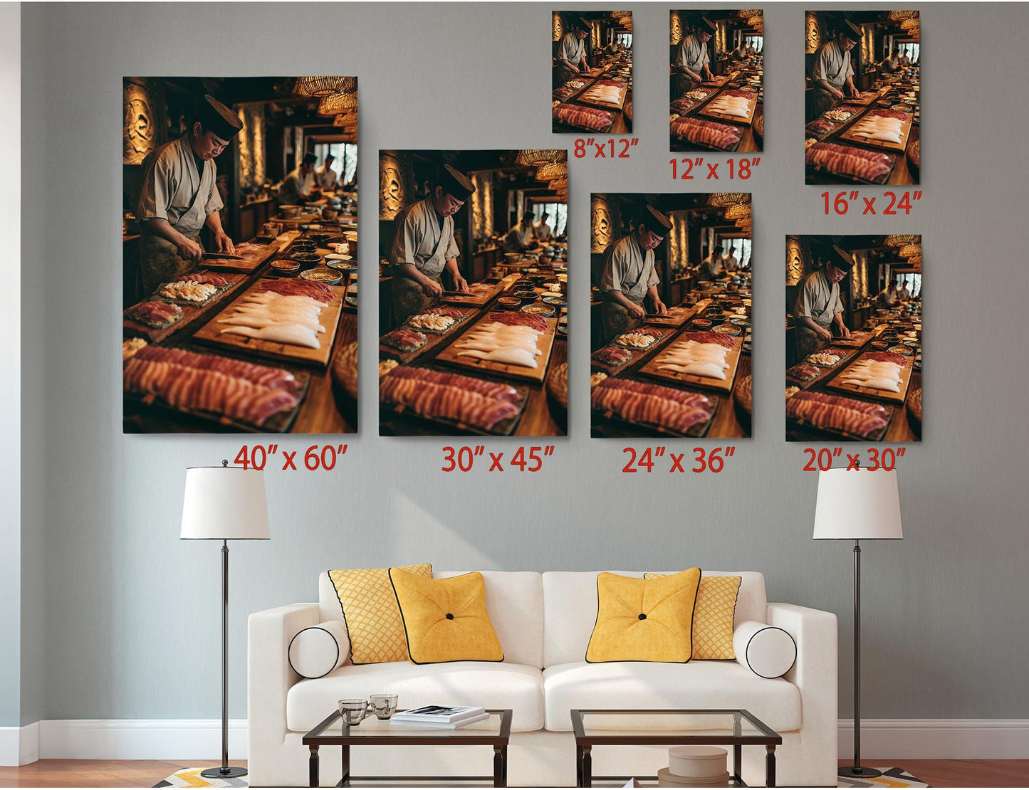 The image is a living room with a white couch and a coffee table. Above the couch, there are six framed photographs of a chef working in a kitchen, each with a different size and resolution. The photographs are arranged in a grid pattern on the wall, with each one having a specific size and resolution, ranging from 8" x 12" to 24" x 36".