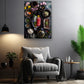 a cozy living room with a comfortable gray armchair, a wooden side table, and a potted plant. Above the armchair, there is a large framed print of a colorful arrangement of food items, including bowls, plates, and various fruits and vegetables.
