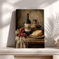 a still life painting of a table with a bottle of wine, a glass of wine, a plate of cheese, and a bunch of grapes.