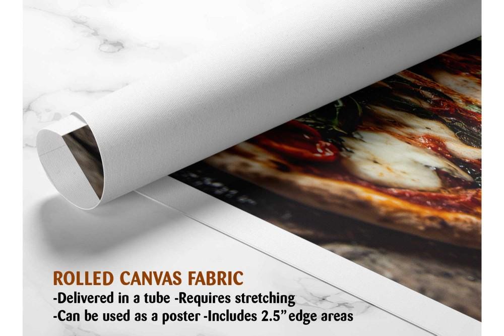 The image is a rolled canvas fabric, which is a type of canvas material used for creating posters or wall art. It is described as a tube-delivered fabric, which means it is delivered in a tube and requires stretching before use. The fabric can be used as a poster and includes a 2.5" edge area.