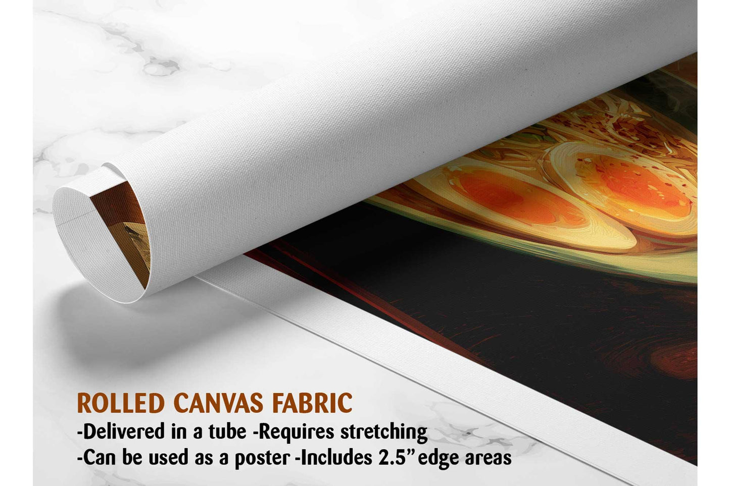 The image is a rolled canvas fabric, which is a type of canvas material used for painting or printing. It is described as a tube-delivered canvas fabric, which means it is delivered in a tube and requires stretching before use. It can be used as a poster with a 2.5" edge area.