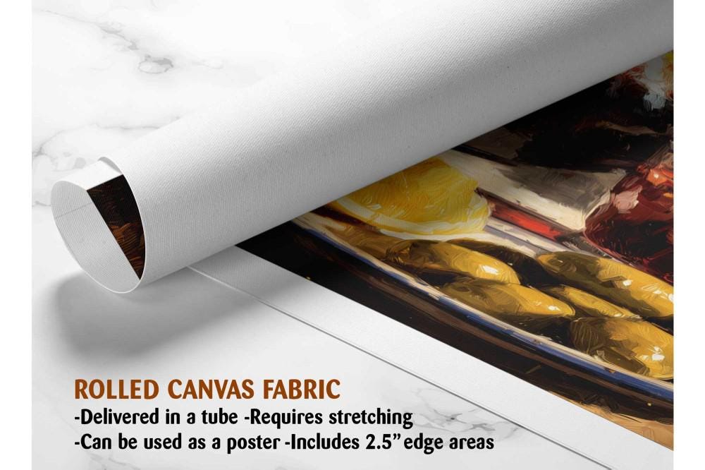 The image is a rolled canvas fabric, which is a type of canvas material used for painting or printing. It is described as a tube-delivered canvas fabric, which means it is delivered in a tube and requires stretching before use. It can be used as a poster with a 2.5" edge area.