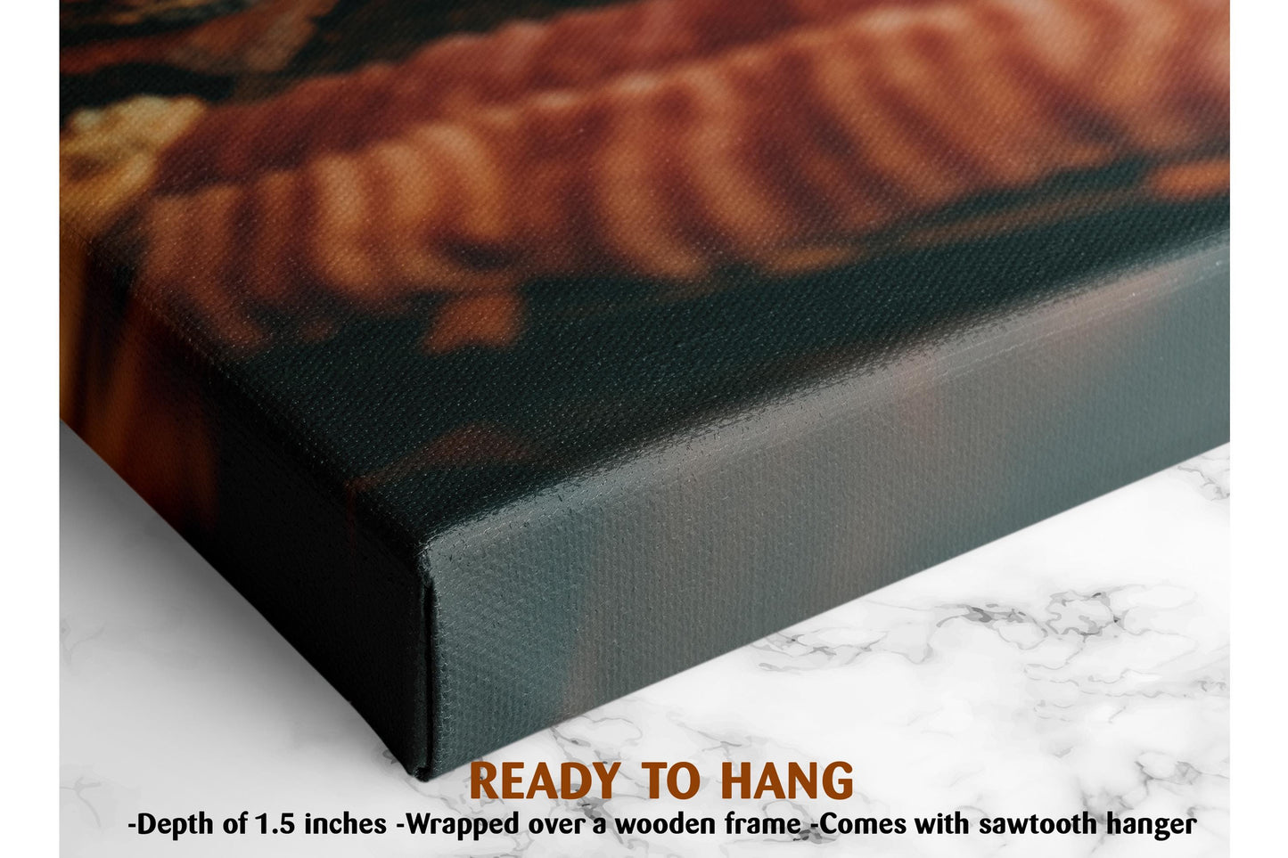 The image is a close-up of a canvas print featuring a wooden frame. The print is described as a "Ready to Hang" and has a depth of 1.5 inches. It is wrapped over a wooden frame and comes with a sawtooth hanger.