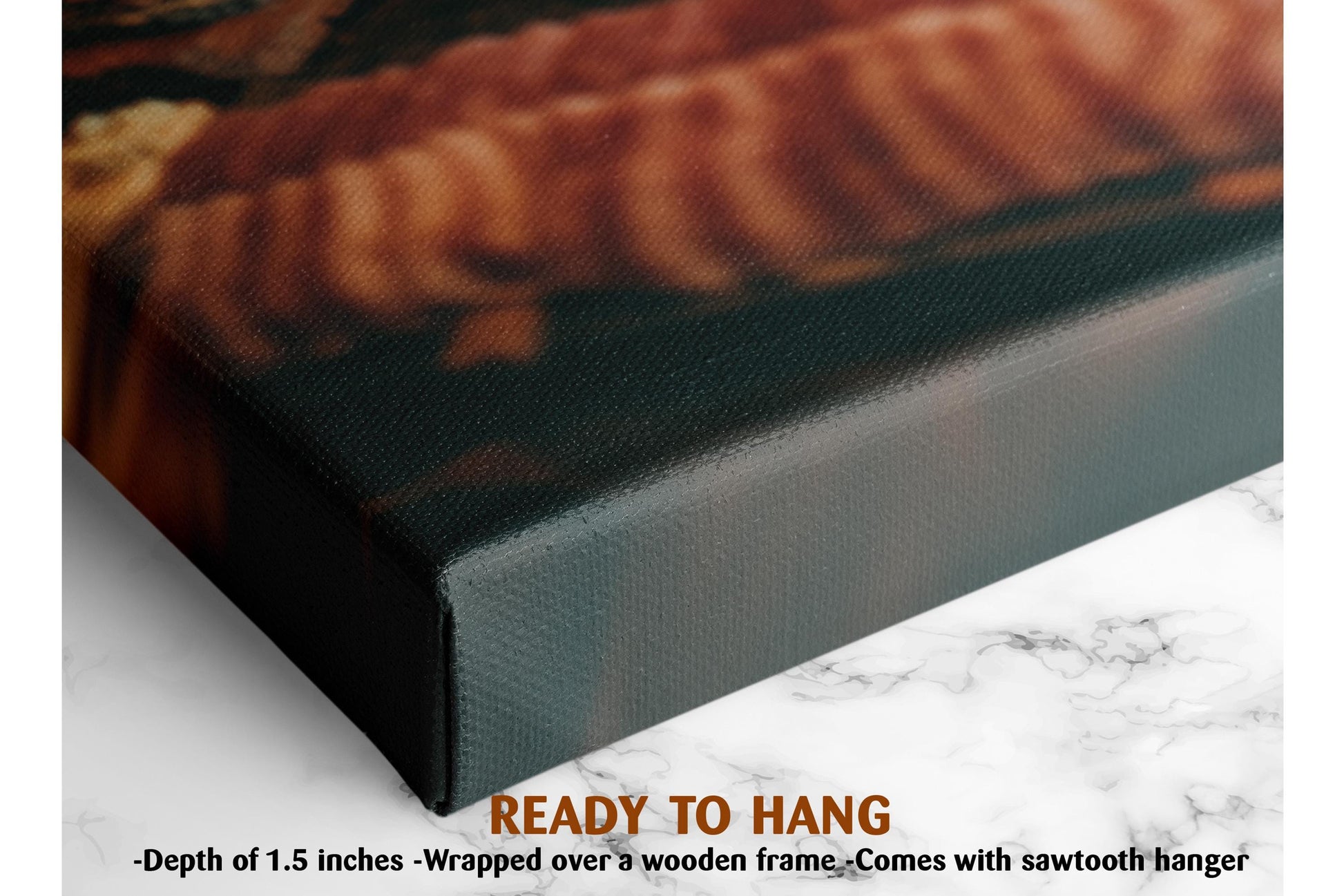 The image is a close-up of a canvas print featuring a wooden frame. The print is described as a "Ready to Hang" and has a depth of 1.5 inches. It is wrapped over a wooden frame and comes with a sawtooth hanger.