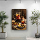 a still life painting of a table with various items, including a pitcher of wine, a plate of olives, and a potted plant.