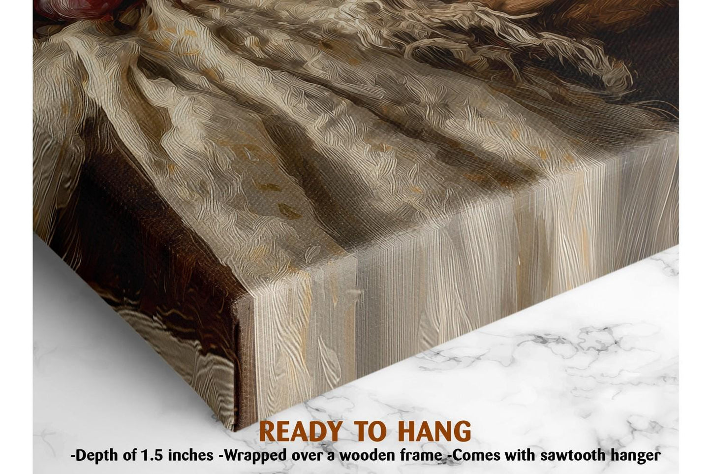 The image is a close-up of a textured fabric, possibly a piece of clothing or a textile, with a wooden frame. The text "READY TO HANG" is visible, indicating that the fabric is ready to be hung up.