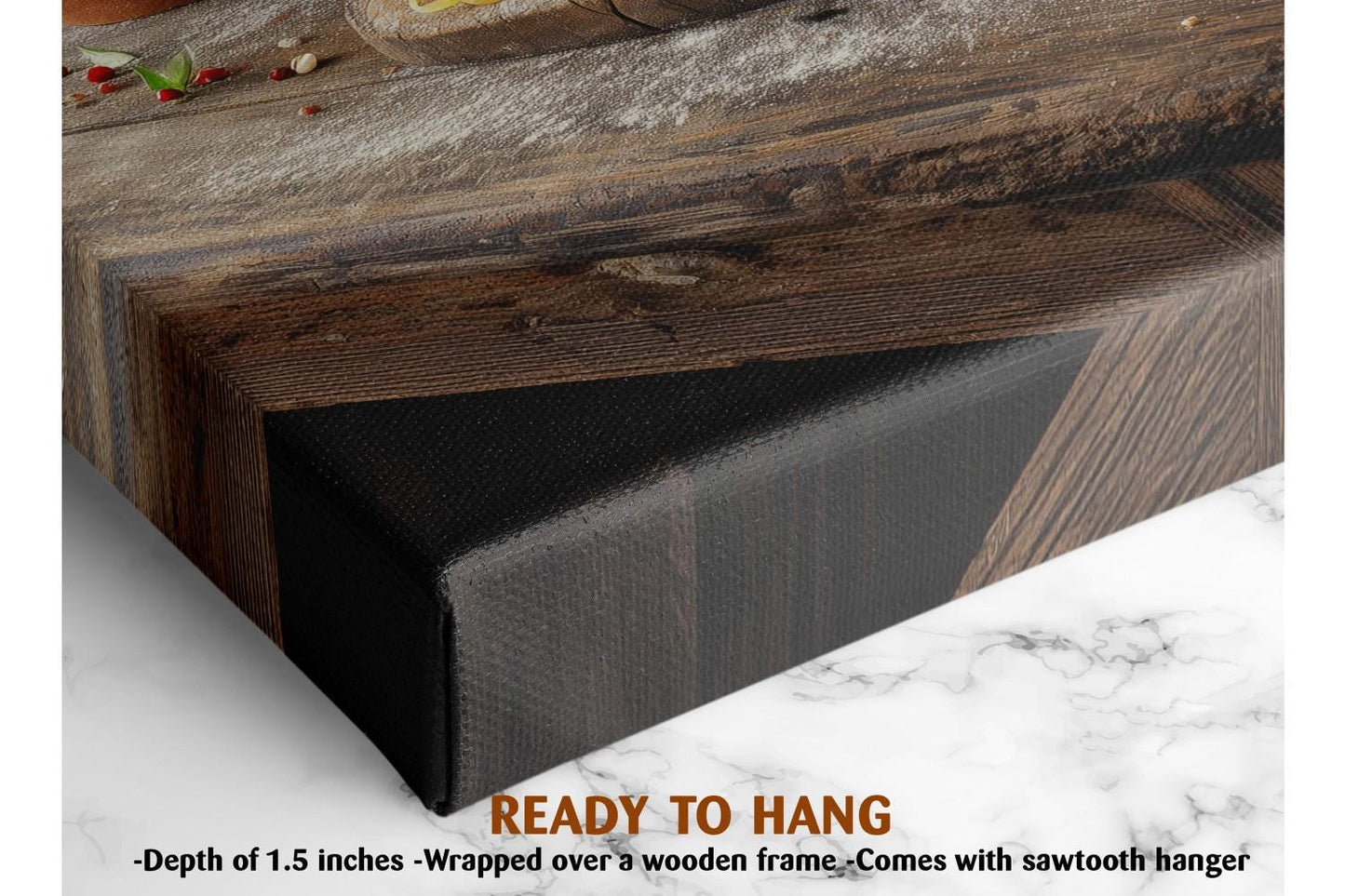 The image is a close-up of a wooden frame with a black background, and there are some small objects on the frame. The text below the image reads "READY TO HANG" and " Depth of 1.5 inches - Wrapped over a wooden frame - Comes with sawtooth hanger".