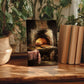 a cozy indoor setting with a rustic brick oven, a table with a pizza, and a basket of fresh herbs. The scene is surrounded by lush green plants, creating a warm and inviting atmosphere.