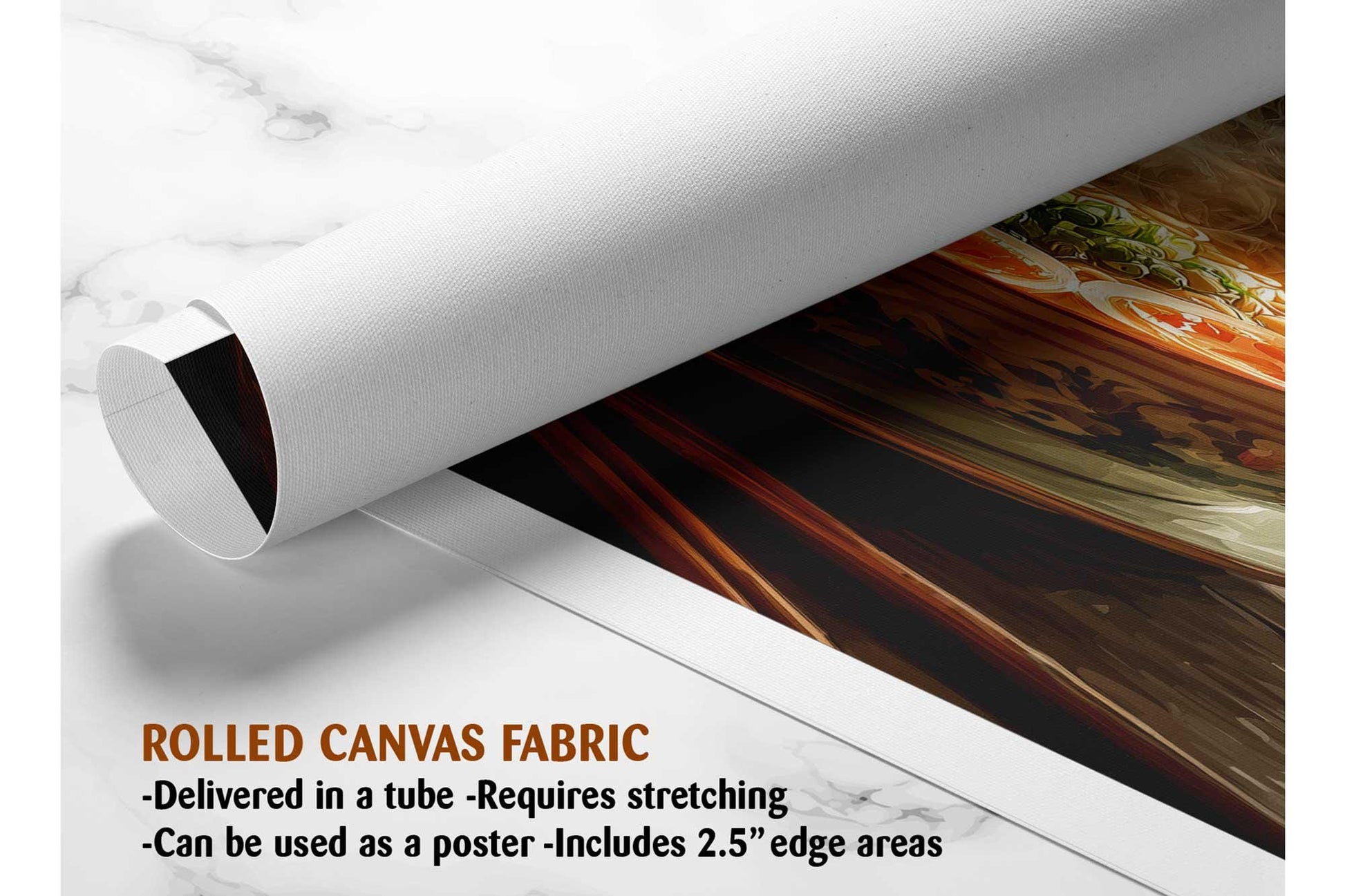 The image is a rolled canvas fabric, which is a type of canvas material used for painting or printing. It is described as a tube-delivered fabric, which means it is delivered in a tube and requires stretching before use. The fabric can be used as a poster, with a 2.5" edge area.