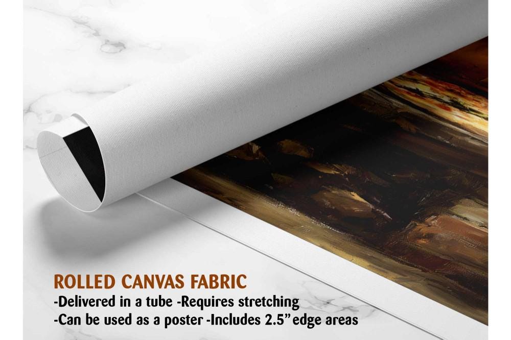 The image is a rolled canvas fabric, which is a type of canvas material used for painting or printing. It is described as a tube-delivered fabric that requires stretching and can be used as a poster with a 2.5" edge.