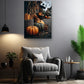 a cozy living room with a gray armchair, a potted plant, and a hanging lamp. Above the armchair, there is a framed photograph of pumpkins and gourds on a cobblestone path, creating a warm and inviting atmosphere.