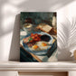 a breakfast scene with a plate of eggs, toast, and tomatoes, accompanied by a cup of coffee and a teapot.