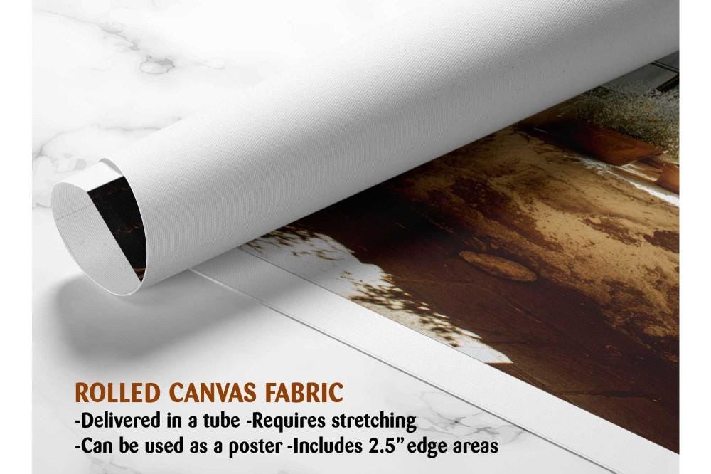 The image is a rolled canvas fabric, which is a type of canvas material used for painting or printing. It is described as a tube-delivered fabric that requires stretching and can be used as a poster with a 2.5" edge.