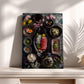 a vibrant and colorful arrangement of various food items, including bowls, plates, and a tray, displayed on a shelf or table.