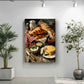 a cozy dining scene with a table set for a meal, featuring a variety of food items such as bread, cheese, and fruit.