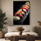 a cozy living room with a large framed photograph of sushi on the wall, a comfortable couch, and a wooden coffee table.