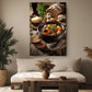 a cozy living room with a large, appetizing bowl of stew on a wooden table, surrounded by various food items and a vase of flowers.