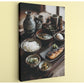 a traditional Japanese meal set on a wooden table, featuring various dishes such as rice, soup, and grilled fish.