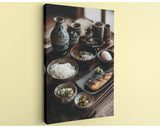 a traditional Japanese meal set on a wooden table, featuring various dishes such as rice, soup, and grilled fish.