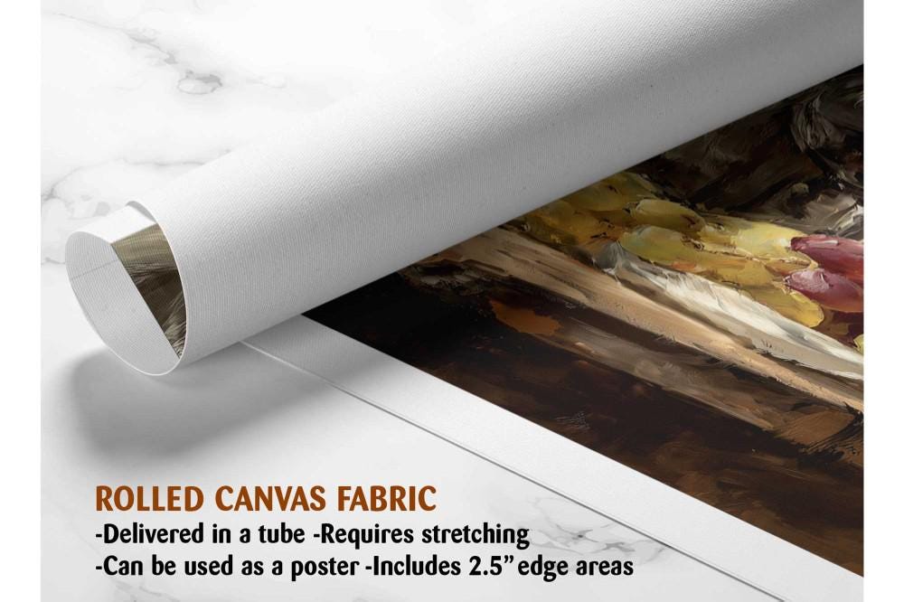 The image is a rolled canvas fabric, which is a type of canvas material used for painting or printing. It is described as a tube-delivered fabric, which means it is delivered in a tube and requires stretching before use. It can be used as a poster with a 2.5" edge area.