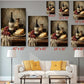 The image is a collage of six framed pictures, each depicting a still life arrangement of wine bottles, wine glasses, cheese, and grapes on a table. The pictures are arranged in a grid format, with each frame having a different size, ranging from 6 x 12" to 20 x 30". The collage is set against a gray wall, and there is a white couch and a coffee table in the foreground.