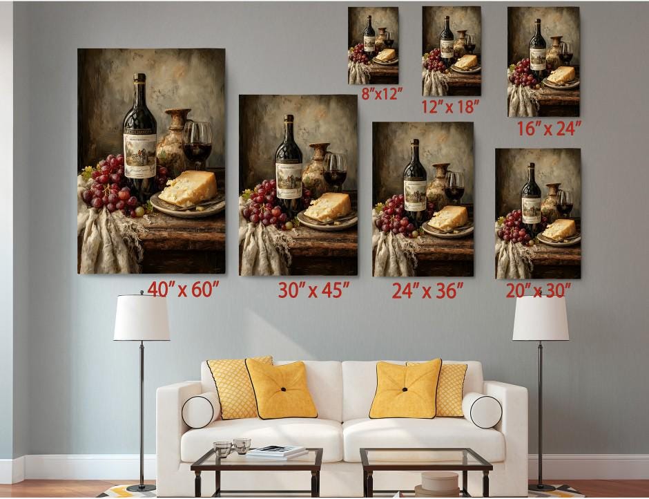 The image is a collage of six framed pictures, each depicting a still life arrangement of wine bottles, wine glasses, cheese, and grapes on a table. The pictures are arranged in a grid format, with each frame having a different size, ranging from 6 x 12" to 20 x 30". The collage is set against a gray wall, and there is a white couch and a coffee table in the foreground.