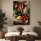 a cozy living room with a large painting of a rustic kitchen scene hanging on the wall. The painting includes a wooden table with a vase of flowers, a bowl of pasta, and various kitchen utensils such as a knife and a spoon. The room also has a comfortable couch and a potted plant, creating a warm and inviting atmosphere.