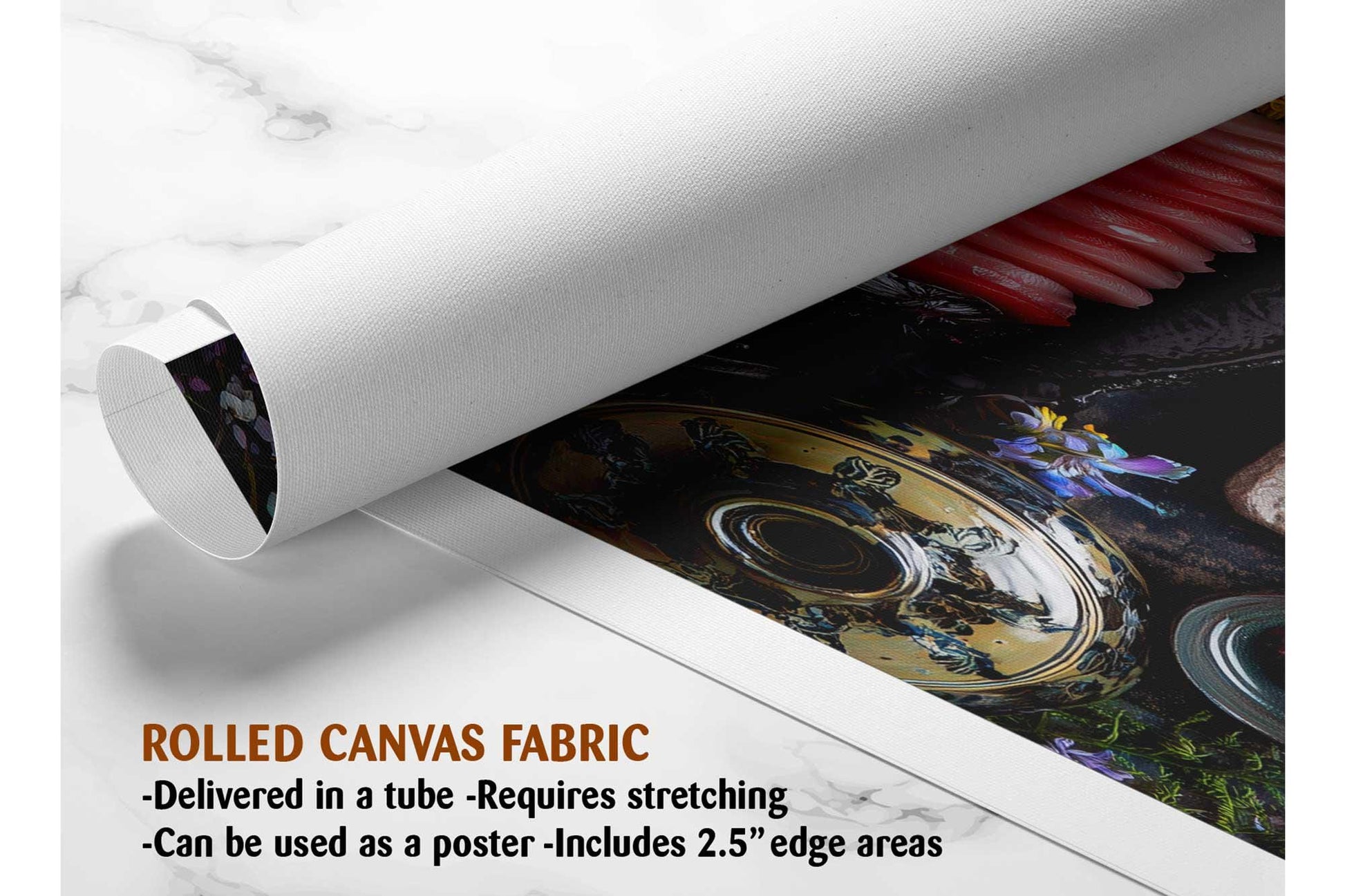 The image is a rolled canvas fabric, which is a type of canvas material used for painting or printing. It is described as a tube-delivered fabric, which means it is delivered in a tube and requires stretching before use. It can be used as a poster with a 2.5" edge area.