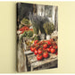 a rustic wooden table filled with fresh produce, including bunches of ripe tomatoes and bundles of lavender flowers.