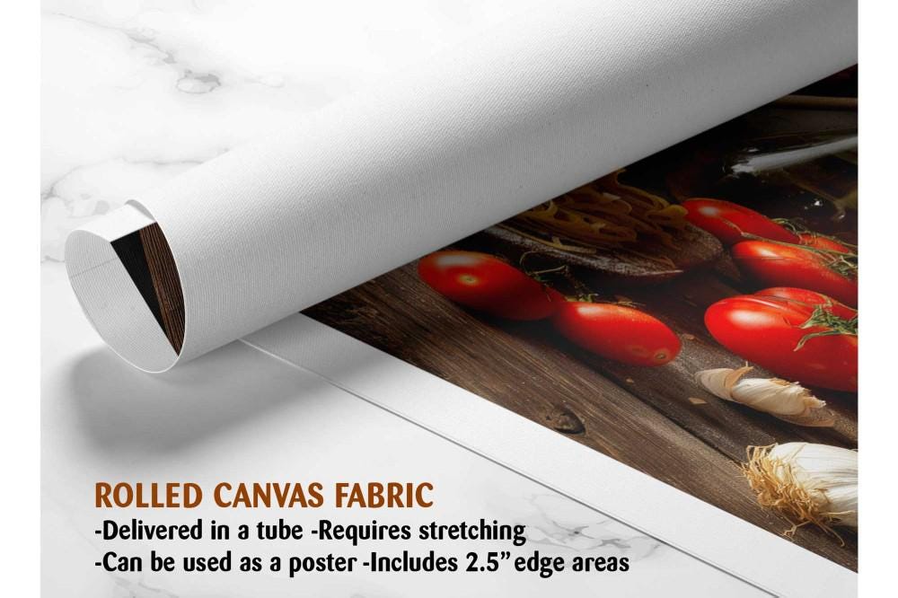 The image is a rolled canvas fabric, which is a type of canvas material used for creating posters or wall art. It is described as a tube-delivered fabric, which means it is delivered in a tube and requires stretching before use. The fabric can be used as a poster and includes a 2.5" edge area.