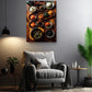 a cozy living room with a comfortable gray armchair, a wooden side table, and a potted plant. Above the armchair, there is a large framed picture of various bowls and dishes filled with food, creating a warm and inviting atmosphere.