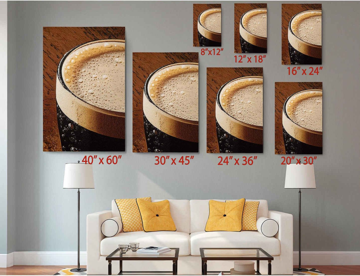 a living room with a white couch and a coffee table. Above the couch, there are six framed images of beer glasses, each with a different size and perspective, ranging from 8" x 12" to 24" x 36". The images are arranged in a grid-like pattern on the wall, with each one depicting a different view of a glass of beer.