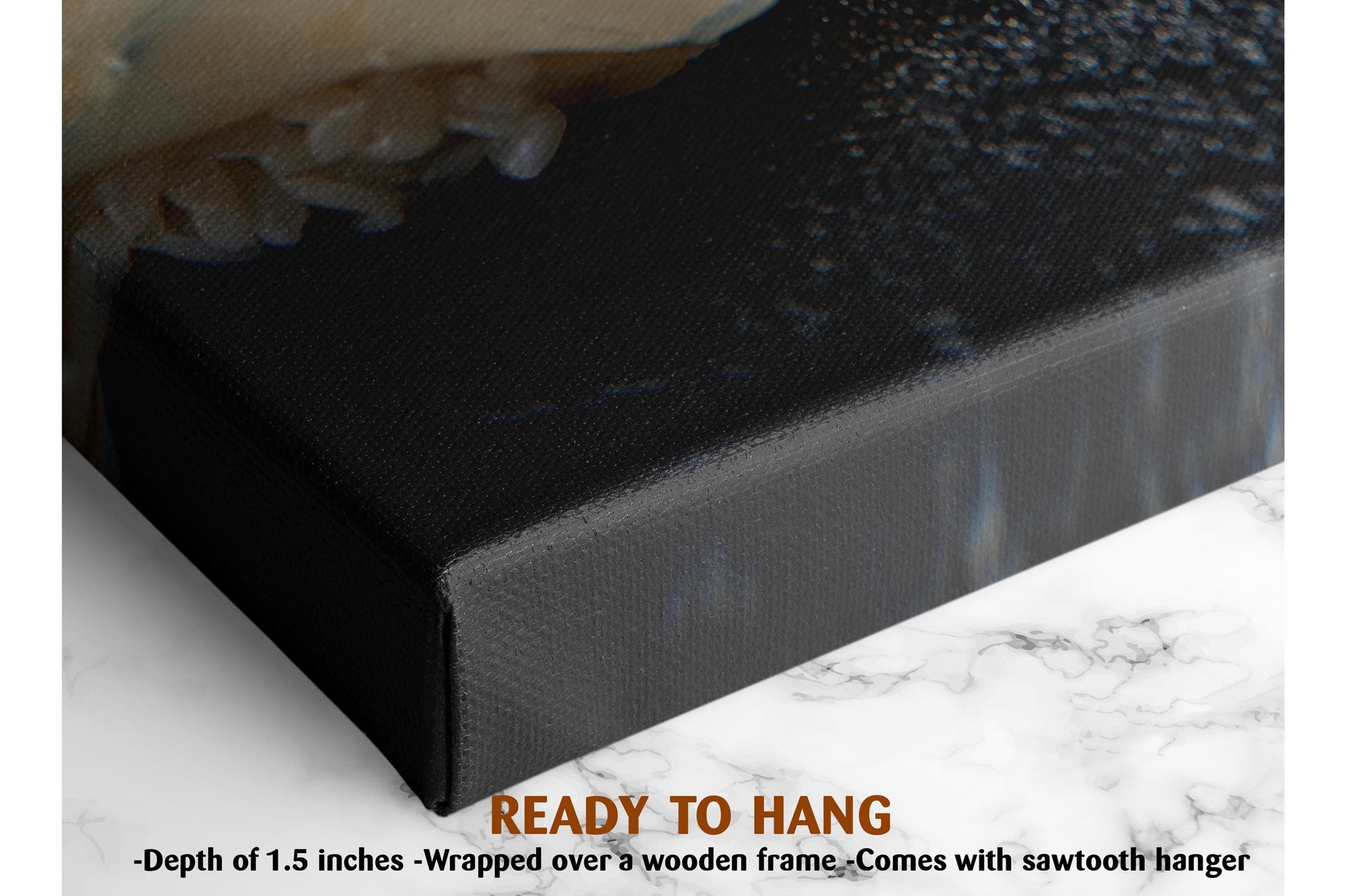 The image is a close-up of a black canvas with a textured surface, possibly a painting or artwork. The text "READY TO HANG" is visible, indicating that the canvas is ready to be hung on a wall.