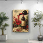 a painting of a wine glass with a bottle of red wine, set against a white wall with a potted plant on the left and a plant on the right.