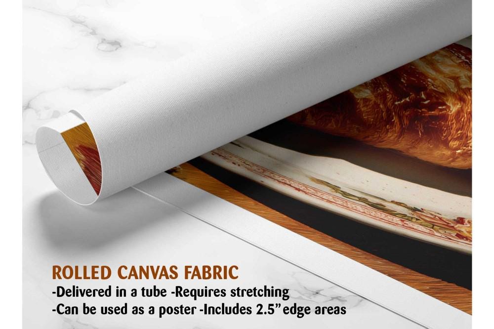 The image is a rolled canvas fabric, which is a type of canvas material used for creating posters or wall art. It is described as a tube-delivered fabric, which means it is delivered in a tube and requires stretching before use. The fabric can be used as a poster and includes a 2.5" edge area.