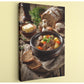 A hearty stew in a bowl, accompanied by a loaf of bread and a variety of vegetables, is the focal point of the image.