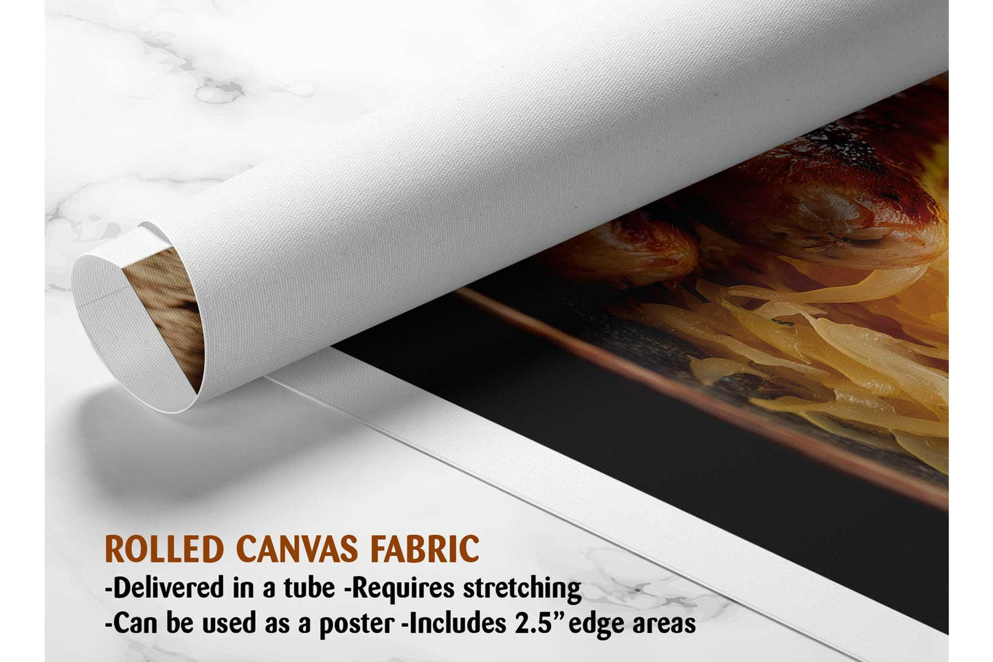 The image is a rolled canvas fabric, which is a type of canvas material used for painting or printing. It is described as a tube-delivered fabric, which means it is delivered in a tube and requires stretching before use. The fabric can be used as a poster and includes a 2.5" edge area.