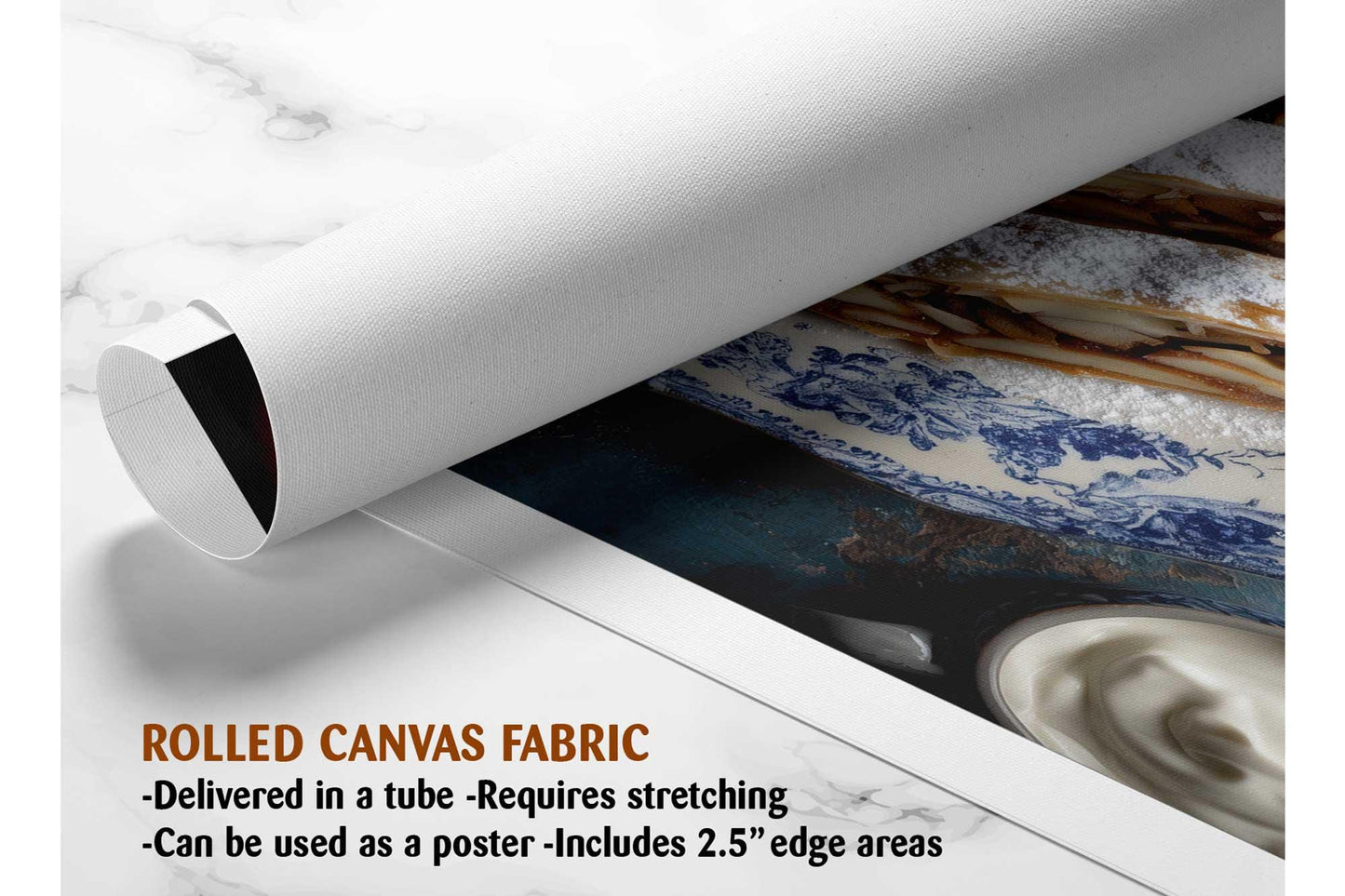 The image is a rolled canvas fabric, which is a type of canvas material used for painting or printing. It is described as a tube-delivered fabric that requires stretching and can be used as a poster with a 2.5" edge area.