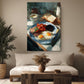 a cozy living room with a large painting of a breakfast scene hanging on the wall. The painting features a blue and white plate with eggs, toast, and tomatoes, along with a cup of coffee. The room is decorated with potted plants, a vase, and a wooden coffee table.