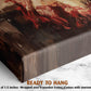 The image is a close-up of a wooden frame with a painting or artwork hanging on it. The frame appears to be made of wood and has a textured surface. The painting has a dark, textured background with red and brown colors. The image is described as a "collage of multiple images" and "ready to hang", indicating that it is a framed artwork.