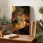 a wooden table with a bowl of food, a book, and some plants. The bowl contains a dish with noodles, vegetables, and what appears to be eggs.